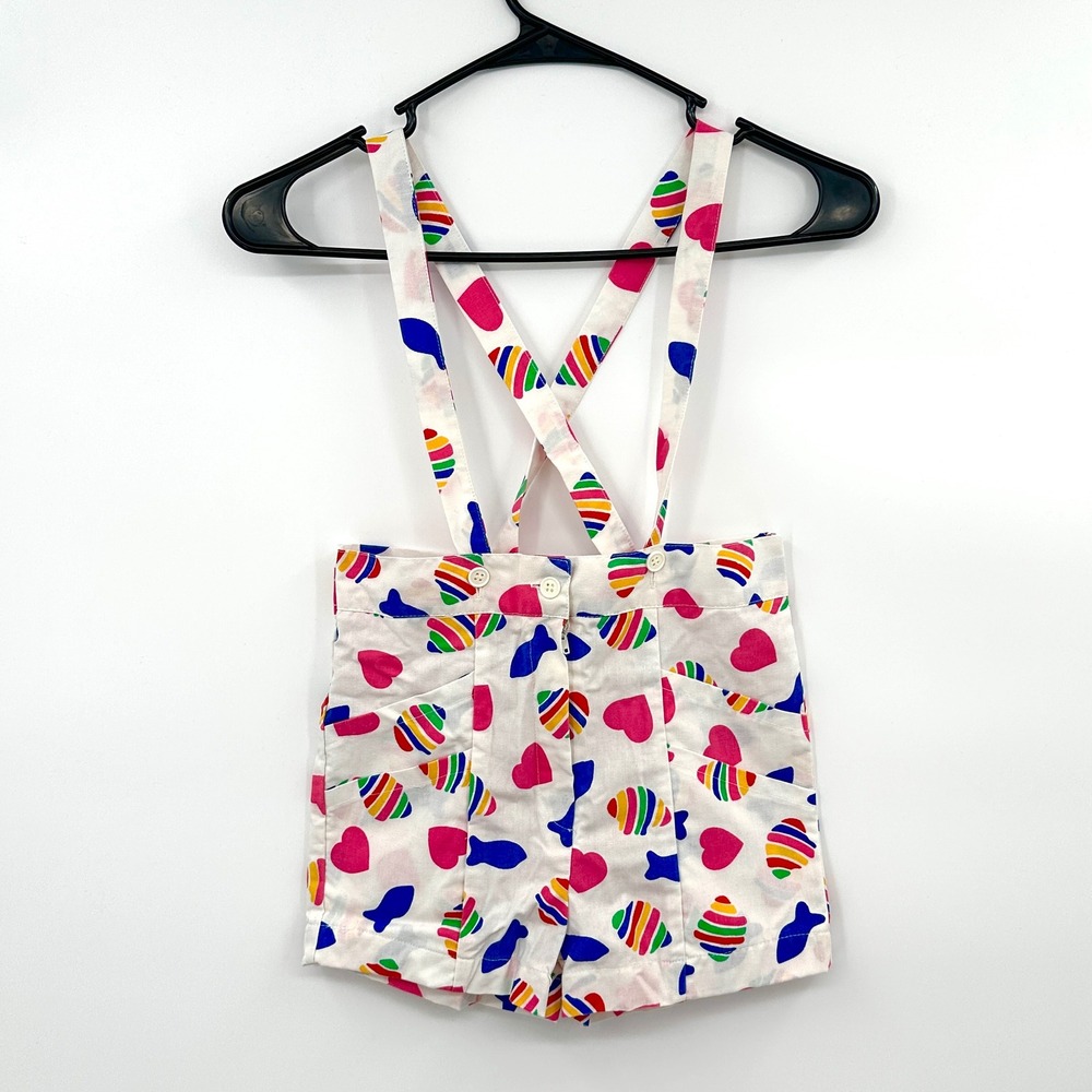 Vintage Petite Princess Girls Suspender Shorts White Heart Fish Rainbow Size 6X